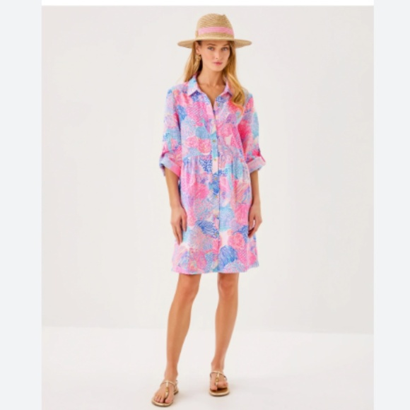 LILLY PULITZER WOMENS SHAELA 100% LAGOON LINEN DRESS 3/4 SLEEVE COLLAR BRIGHT - Picture 1 of 7